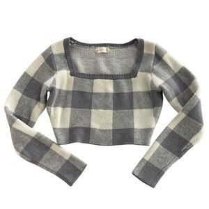 Altar'd State Women's Small Gray Ivory Buffalo Plaid Cropped Square Neck Sweater